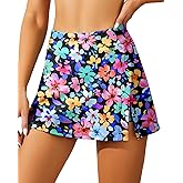 Women Swim Skirt Tummy Control Swimsuit Skirt with Built-in Shorts High Waisted Split Swim Bottom (Available in Plus)