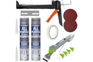 AIBGALE Caulking Tool Kit, Caulking Gun, 2 White/Clear Silicone Sealant with Gun - All-Purpose 100% Silicone Caulk (20 oz Tube), and 5 in 1 Scraper/Smoothing Tool, Sandpaper, Gloves and Masking Tape