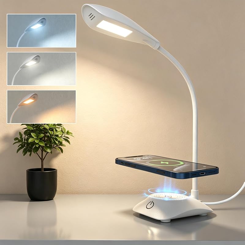 Lampe de Bureau LED avec Chargeur Sans Fil Magnétique MagSafe 15W, 3 Températures de Couleur et Dimmable, 600LM, CRI85, Col Ajustable, pour Home Office Étude Chambre, Blanc
