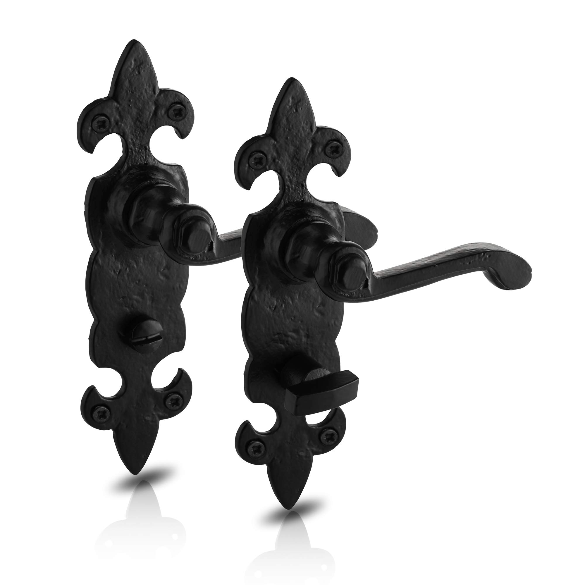 XFORT® Black Antique Fleur De Lys Bathroom Handles, Rustic Fleur De Lys Door Furniture Set