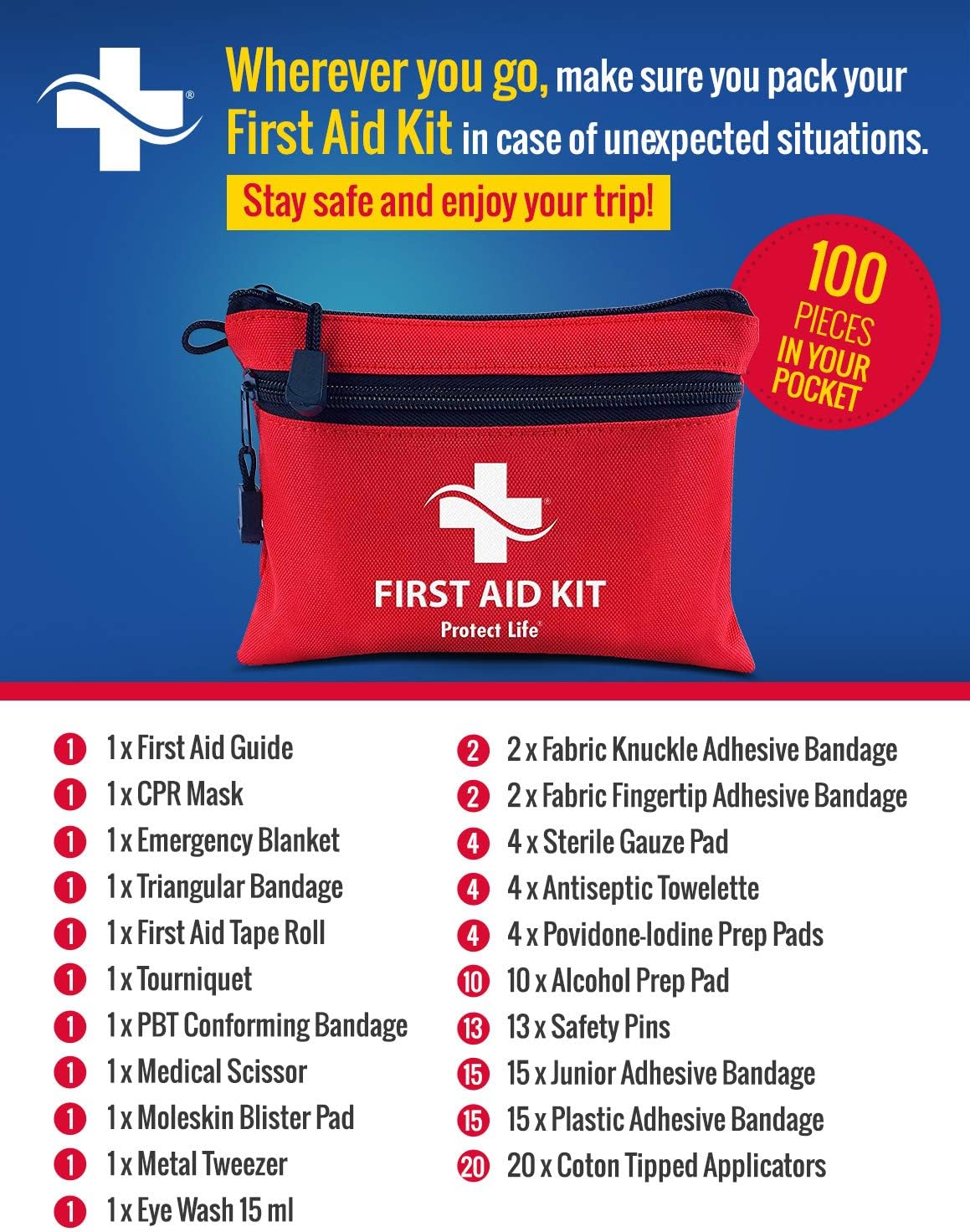 First Aid Kit - 100 Piece - Small First Aid Kit for Camping, Hiking, Backpacking, Travel, Vehicle, Outdoors - Emergency & Medical Supplies: Health & Personal Care