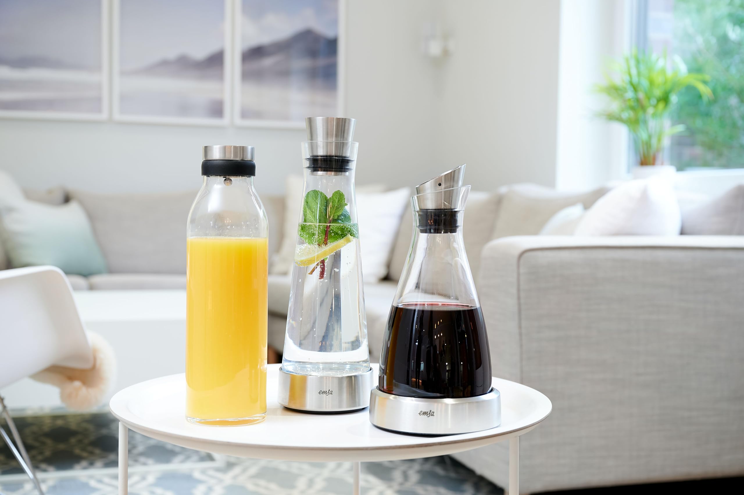 Emsa 515675 Flow Slim Glaskaraffe | 1 Liter | Automatische Verschlussklappe | Edelstahl |10.5 x 10.5 x 37.5 cm 5