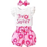 Happy Town Toddler Baby Girl Two Sweet 2nd Birthday Outfits Shorts Set Bowknot 2T Shirts Summer Clothes with Headband