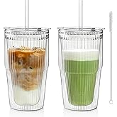 KEMORELA 16oz Ribbed Glass tumbler with Lids and Straws 2pcs,Double Wall Iced Coffee Cups with Lids,Coffee Bar Accessories, Insulated Borosilicate Glass Tumblers, To Go Coffee Cups, Spill proof