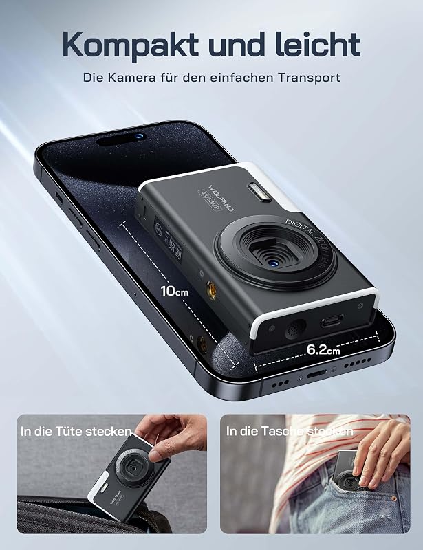 Digitalkamera, 4K Kinderkamera für Fotografie, 56MP kompakte Vlogging-Kamera, 16X Digitalzoom Fotoapparat Klein Einfache Bedienung, Autofokus Digitalkameras, Geschenk für Kinder Anfänger