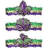 LUHUADUO 3 Pack Mardi Gras Fleur de Lis Headbands, Sequin Hair Bands Masquerade Party New Orleans Fantasy for Women Men Costume Party Favors, Purple Yellow Gold Green