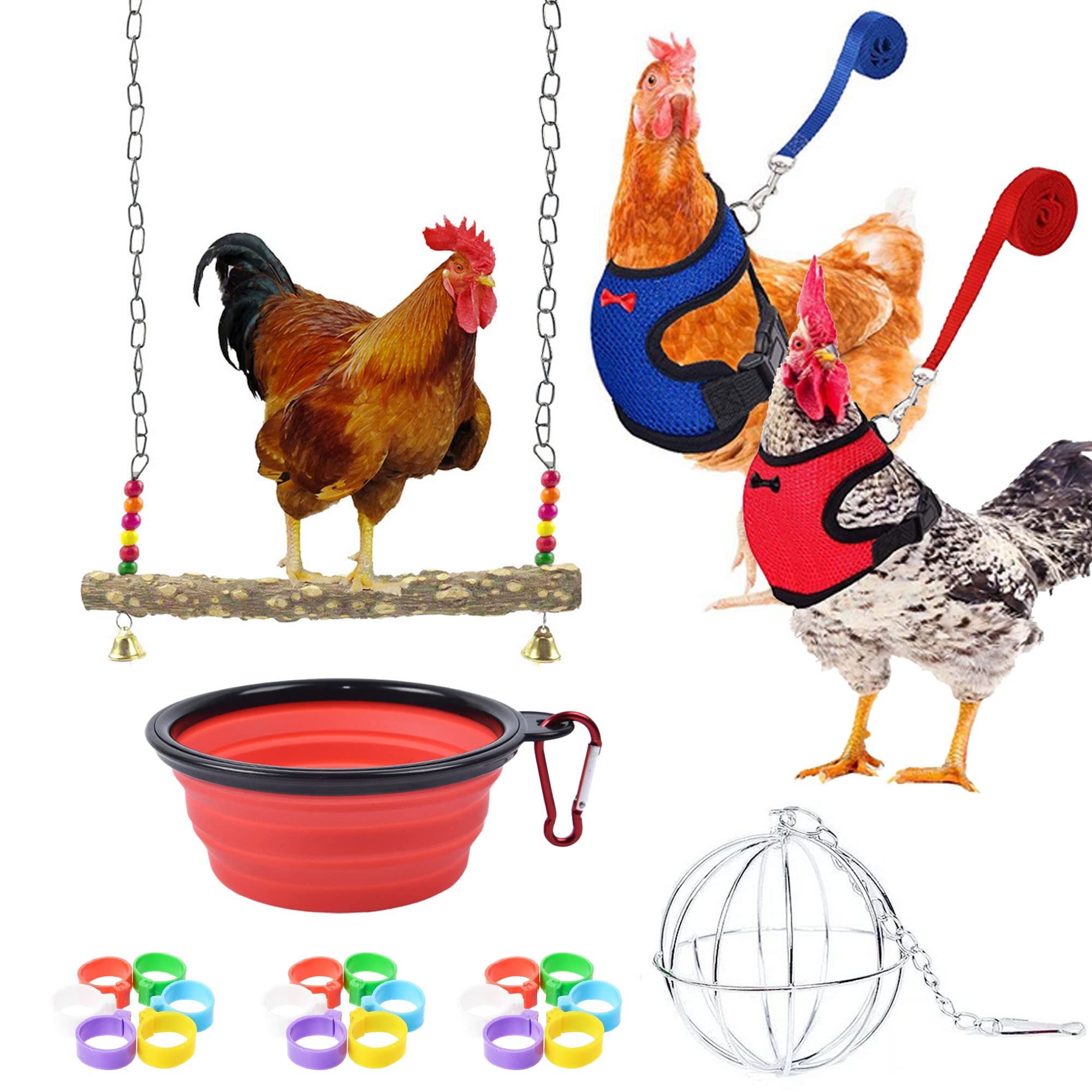 Allazone Wooden Chicken Swing Toys Set, 25 PCS Natural Wooden Stand Perch Toy, Adjustable Chicken Harness with Leash, Chicken Feet Ring, Feeding Bowl for Chicken, Medium Large Bird, Parrot Training