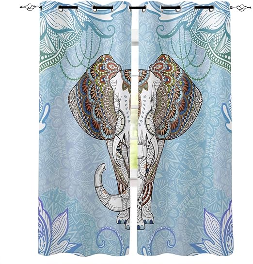 Amazon Com 2 Panel Kitchen Cafe Curtains Indian National Style Mandala Pattern Elephant Sunlight Filtering Nature Air Through Home Decor Window Covering Tier Curtains For Bedroom Living Room 104w X 72l Inch