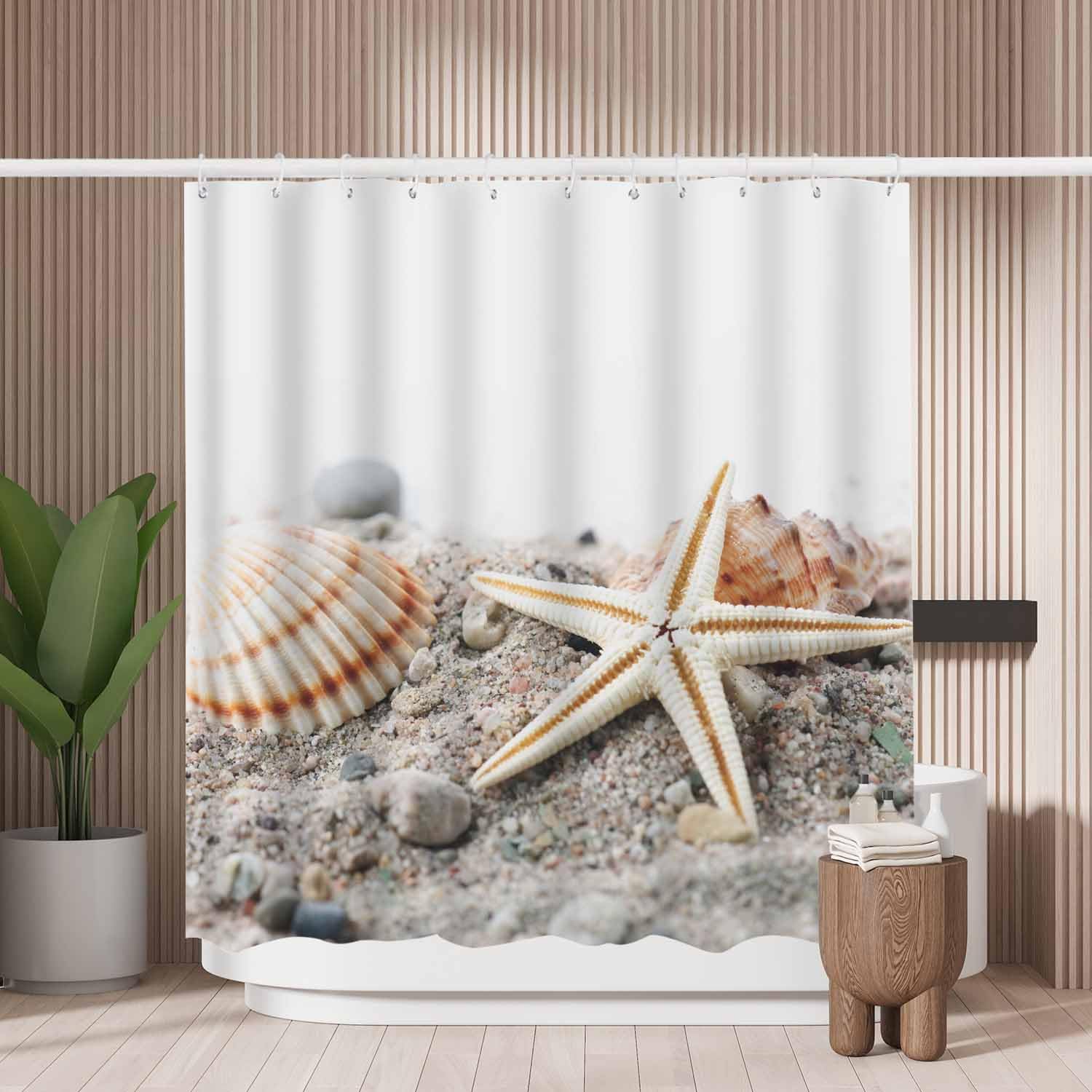 Woutay Shower Curtain Mould Proof Resistant Starfish Shell Beach,Water Repellant Fabric,Polyester,with 12 Plastic Hooks