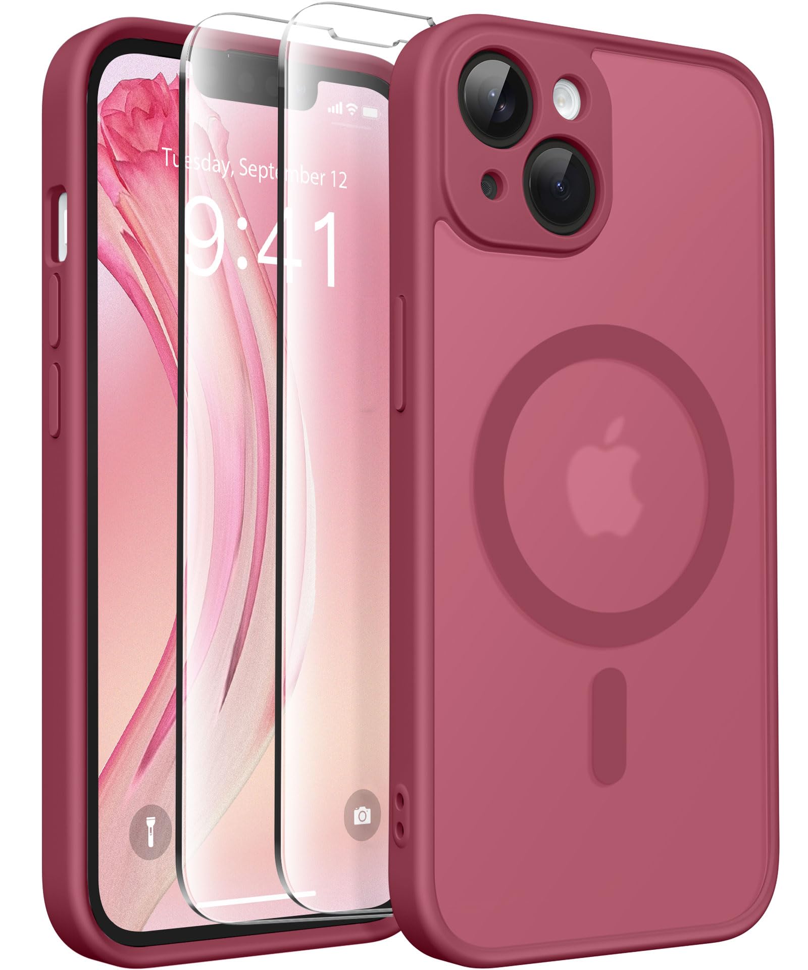 CAPRARO Magnetic for iPhone 14 Case, [Compatible with MagSafe] [Full Camera Protection] [14FT Drop Protection] Shockproof Protective Slim Translucent Matte Phone Case iPhone 14, Rose Red — image 1
