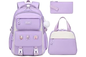 GeeWin Backpack for Girls, Bookbags Back Pack School Bag for Teens Girls Kid Children Elementary Middle School Student, Waterproof Stylish Girl Backpack Laptop Backpack with Lunch Bag (Purple Set)