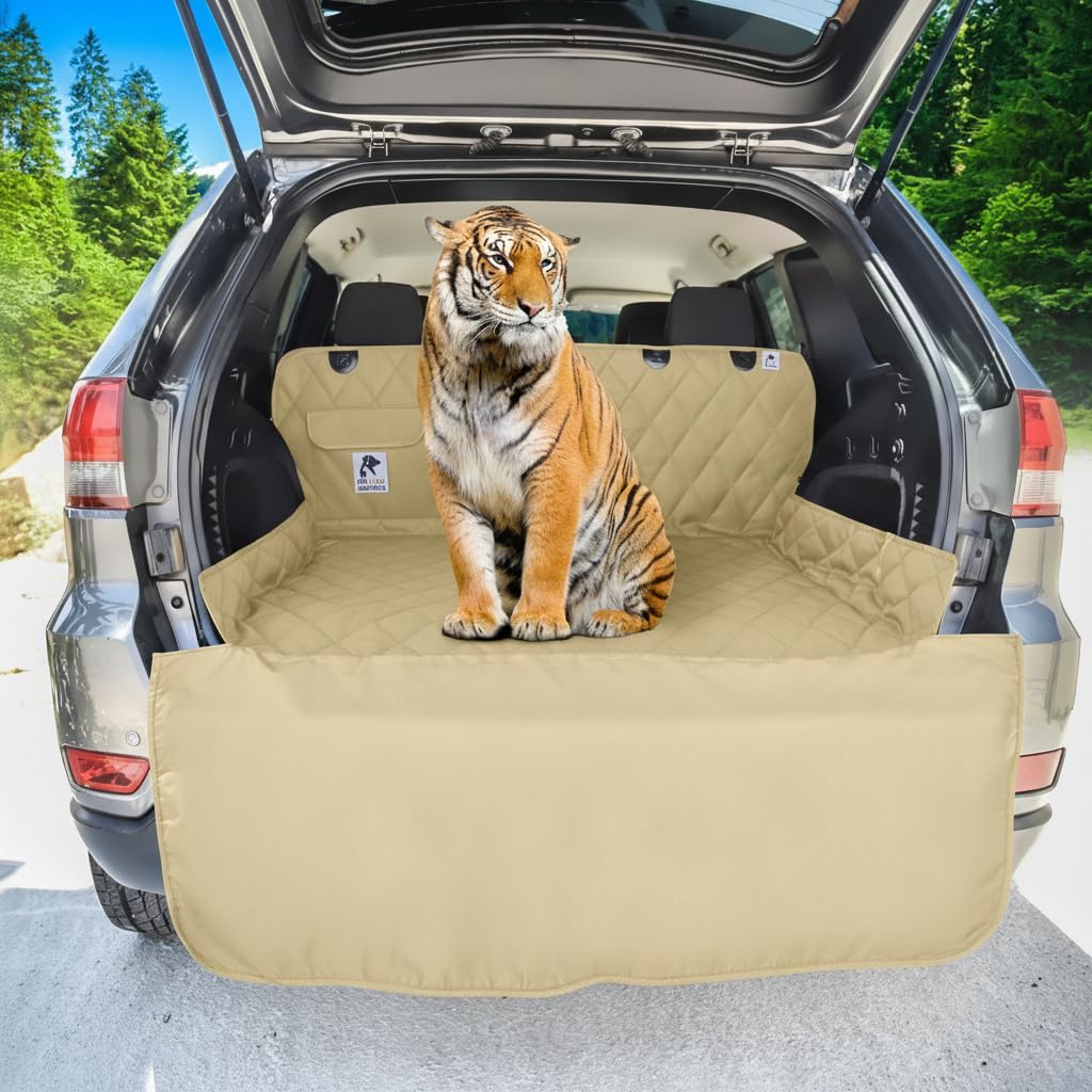 SUV cargo liner for dogs, Dog Car Seat Cover For Back Seat, Nonslip trunk mat, Waterproof Car Seat Protector for Dogs, Durable cargo cover with Bumper Flap, Dog Accessories - Beige Color (Beige) Image