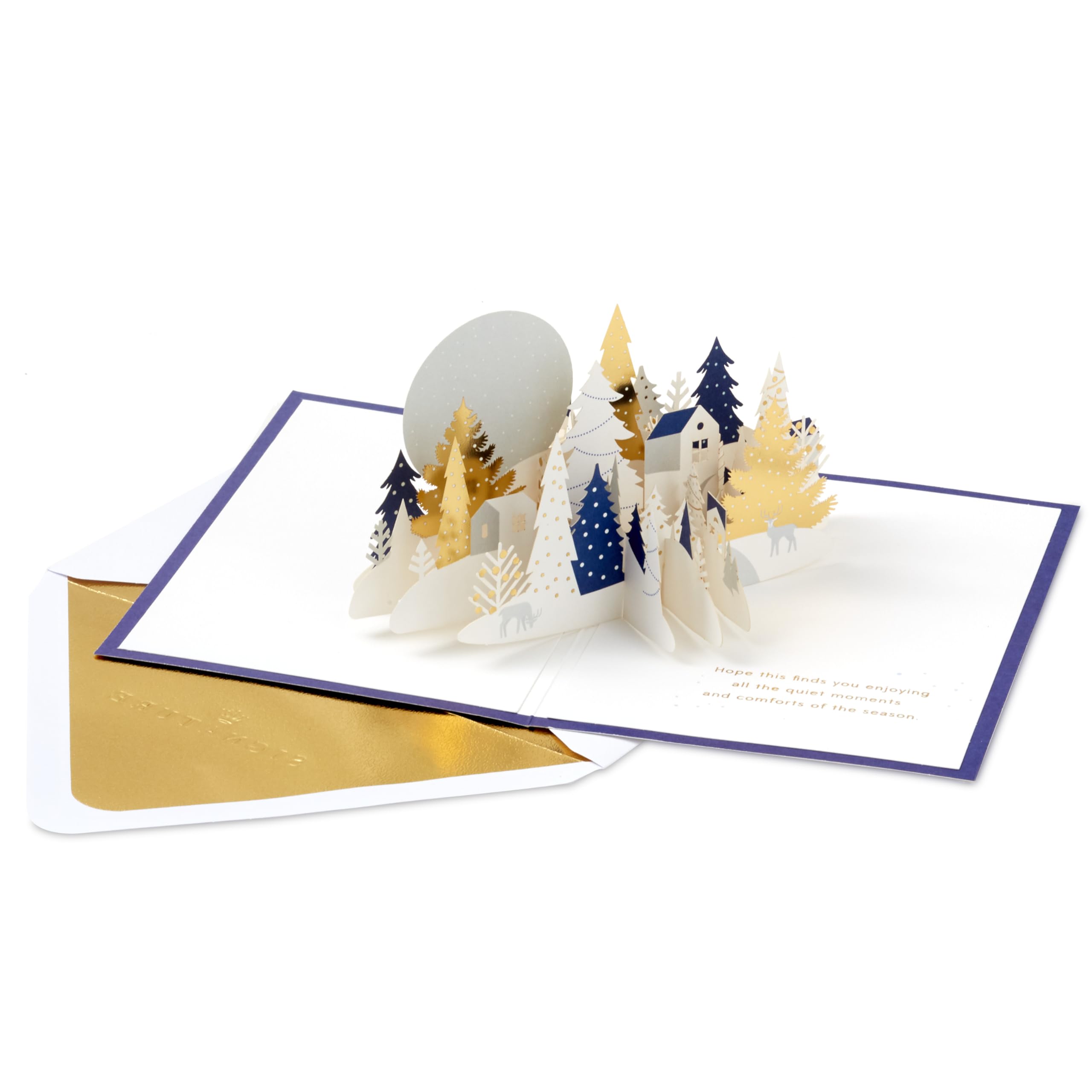 Hallmark Christmas Card, Winter Woodland Design, 3D and Pop Up Card, Reindeer, Deer, White, Gold, Navy