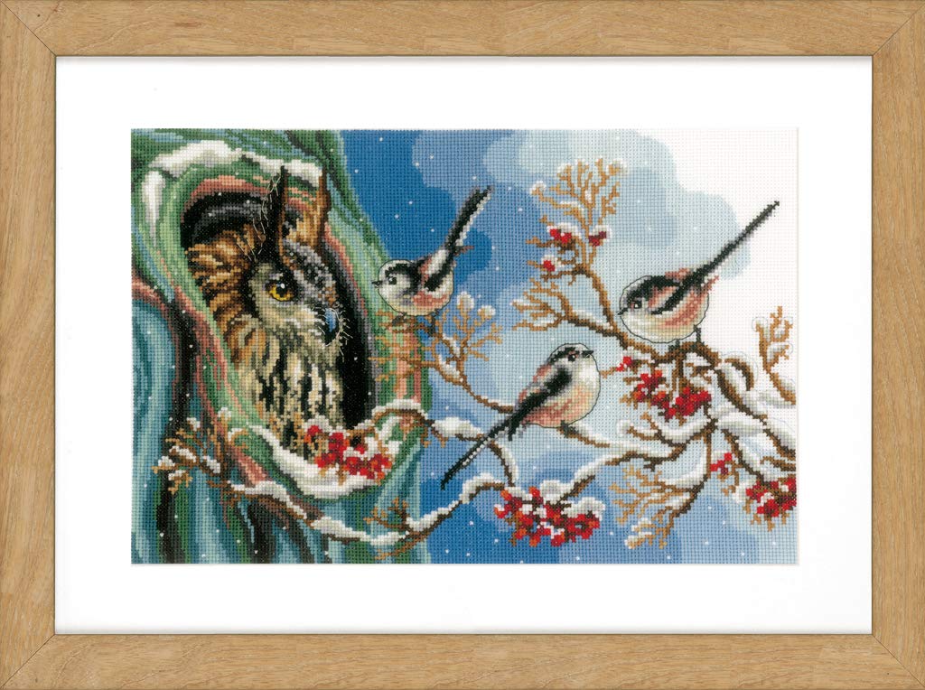 Vervaco Counted Cross Stitch Kit: Owl & Long-Tailed Tits, Cotton, NA, 33 x 22cm