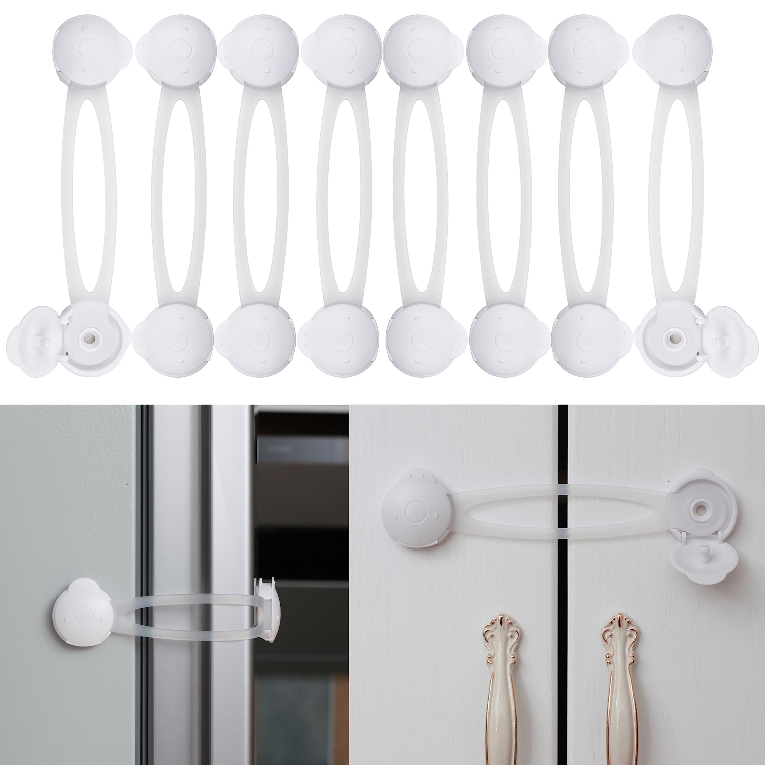 Multi-Purpose Child Safety Locks, 8 pcs, White-Transparent, for Cabinet, Drawer, Toilet, Trash Can, Microwave, Refrigerator, Baby Safety Strap, Baby proof Cupboard Latches, Toddler Proofing Lock