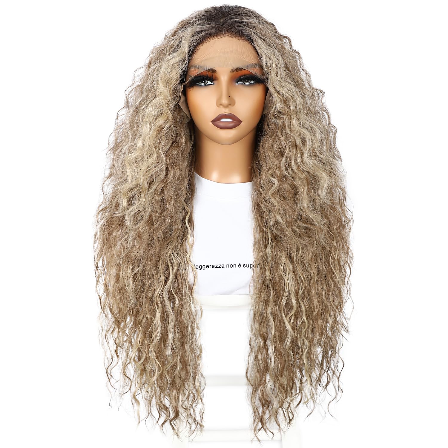SOMIARIK Lace Front Curly Wigs Dark Brown highlight blonde 26 Inch — image 1