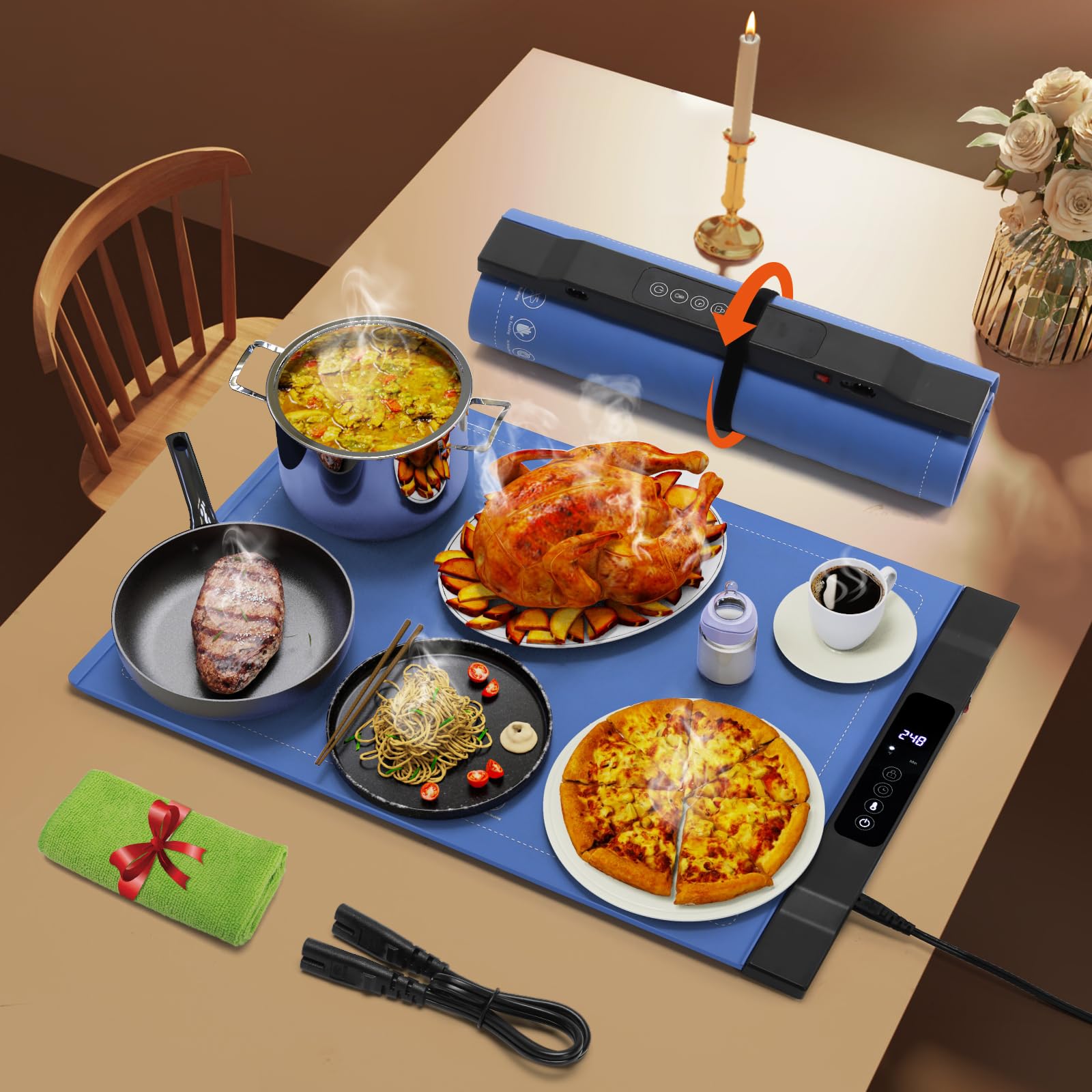 Photo 1 of (Support 2 Pack in 1 Use) Kitchen Warming Mat for Countertop, Electric Warming Tray with 7 Adjustable Temperature, 6 Timer, Roll Up Food Warmers for Parties Buffet, Portable Silicone Heating Tray