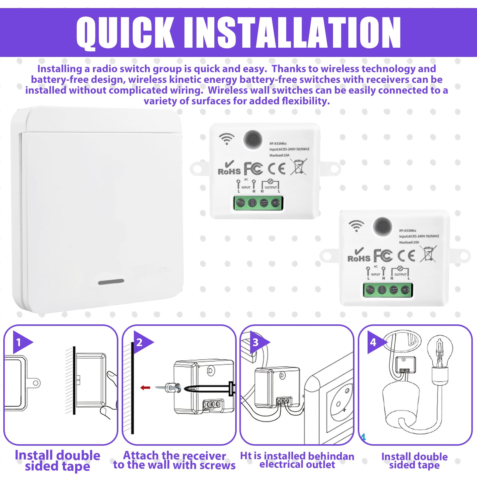 Funkschalter 230V Funk-Lichtschalter Set: WIYETY RF 433Mhz Funk Lichtschalter, Funk-Empfänger, Funkschalter Licht für Lampe, Reichweite von 30 Metern, für Lampen bis 1500W(2 Schalter 1 Empfänger) 3