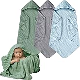 Momsnug Hooded Baby Towels, 3 Pack Muslin Cotton Baby Towel Set, Super Soft and Absorbent Bath Towel for Babies, Infant, Toddler and Kids, Newborn Essential (35 X 35 Inch) (Green + Grey + Blue)