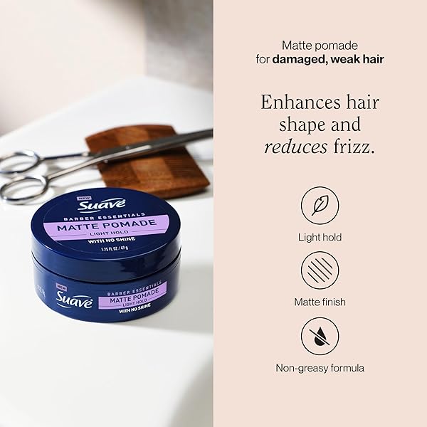 SUAVE HAIR POMADE FOR MEN BARBER ESSENTIALS STYLING, LIGHT HOLD AND NO SHINE, FOR ENHANCING HAIR SHAPE AND REDUCING FRIZZ, 1.75 OZ