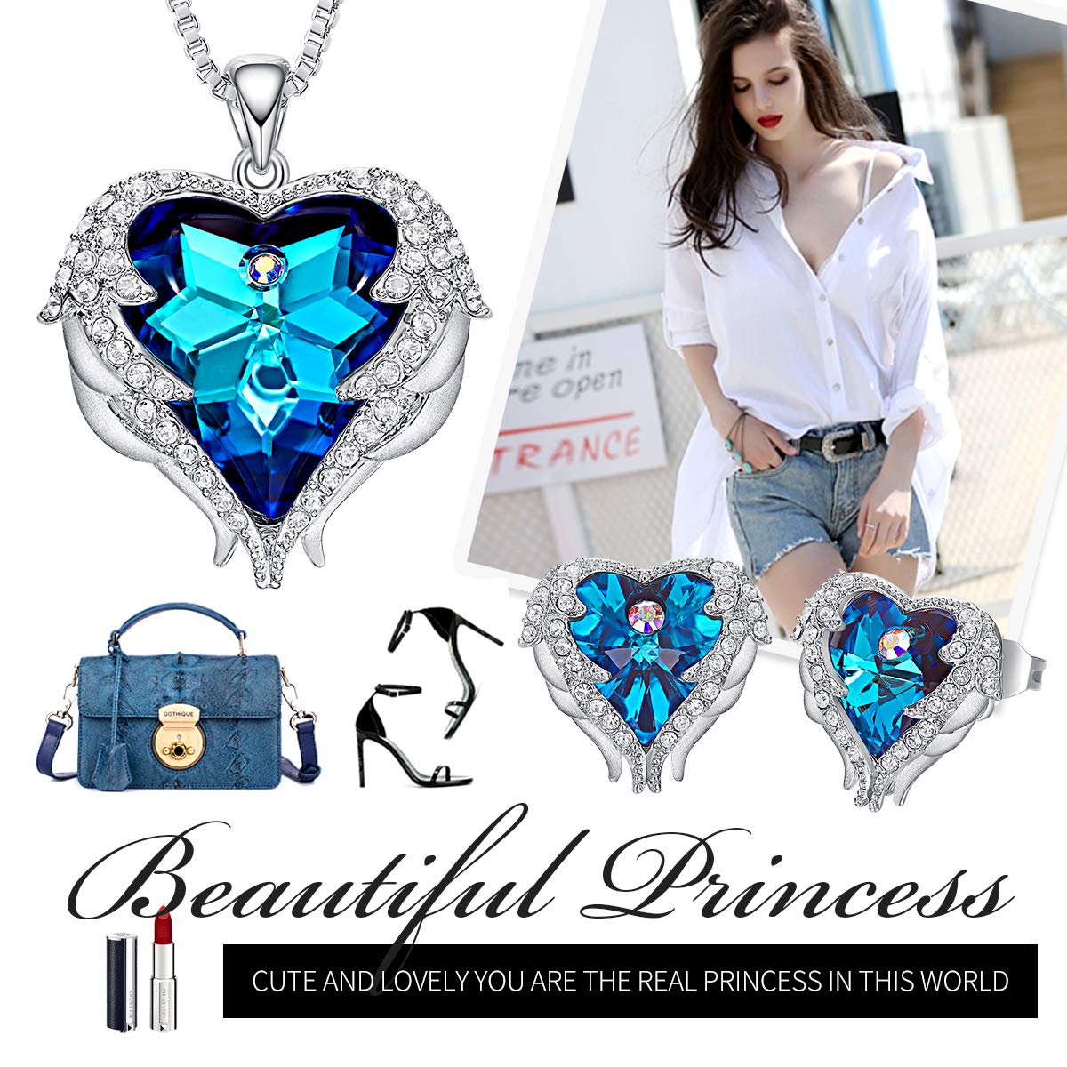 CDE Angel Wing Swarovski Jewelry Set Women Jewelry 18K White Gold Plated Crystals Heart Pendant Necklace Earrings Sets Gift for Her