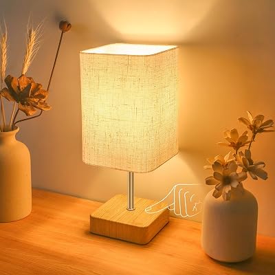 Jayencer Touch Control Table Lamp Dimmable Beige Fabric Shade Wood Base