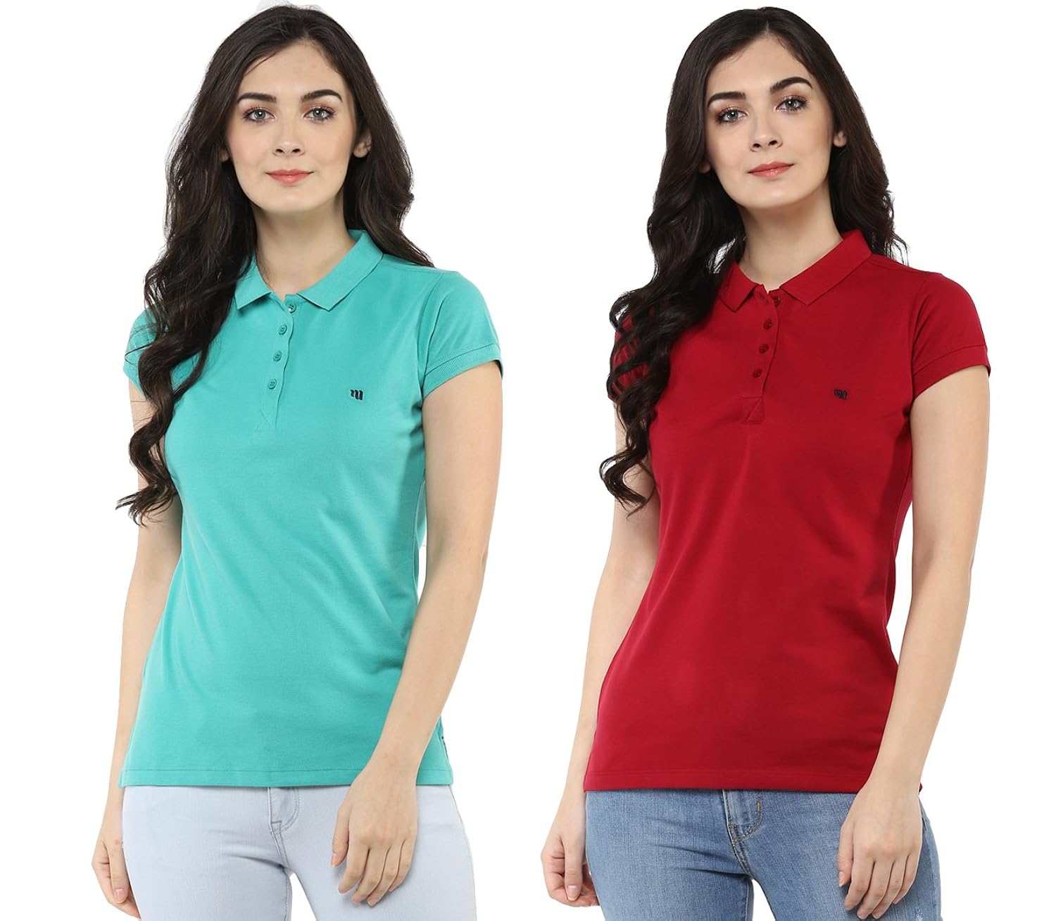 modeve solid polo t-shirts for women combo pack of 2 cherry and sea green, pack of 2