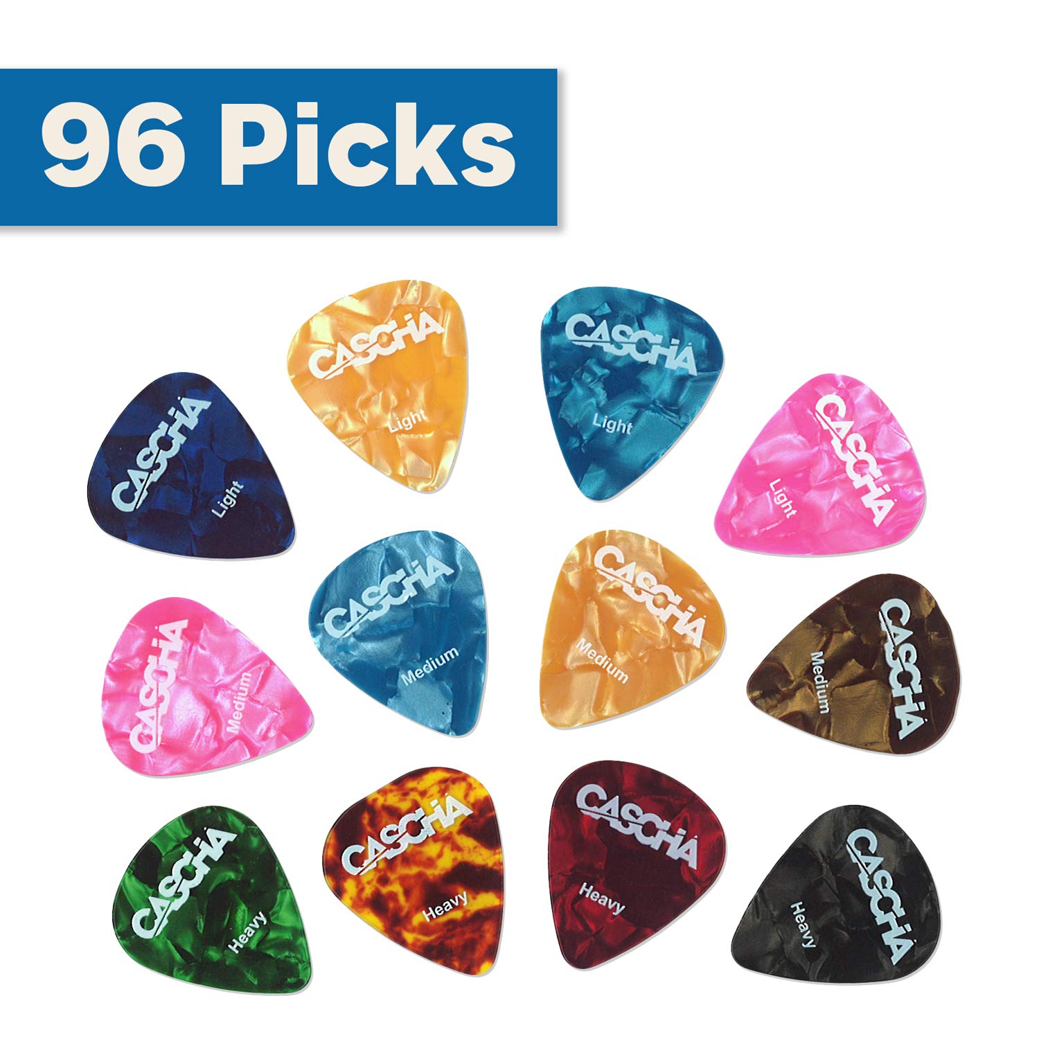 CASCHA Guitar picks set of 96 - plectrum for acoustic guitar electric guitar ukulele bass - high-quality picks in 3 thicknesses - made of abrasion-resistant celluloid - pick set 96 pieces