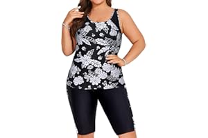 Hanna Nikole Women's Plus Size Tummy Control Tankini Swimsuits Color Block Bathing Suits with Shorts Knee Length