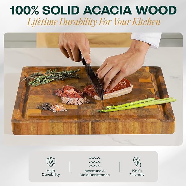 YES4ALL DURABLE ACACIA CUTTING BOARDS FOR KITCHEN, [20”LX15”WX1.5” THICK] LARGE END GRAIN CUTTING BOARD, PRE OILED WOOD CUTTING BOARDS, THICK CHOPPING BOARD W/JUICE GROOVES AND EASY GRIP HANDLE