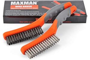 MAXMAN Wire Brush Set, Heavy Duty Stainless Steel and Carbon Steel Wire Brushes for Cleaning Rust, Grill, Dirt, Paint Removal, Welding, Stiff Bristle Metal Brush with 10" Plastic Handle, Large, 2Pcs