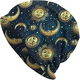 Gold Moon Sun Stars Boho Chic Beanie Hat Slouchy Cap Warm Cancer Headwear Stretch Knitted Hats For Women Men