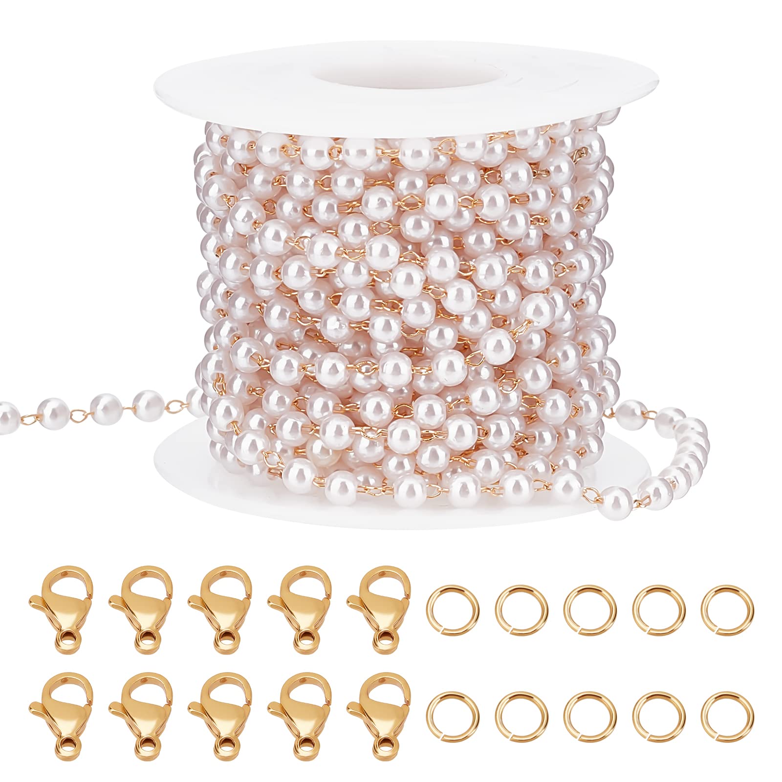 Beebeecraft 16.4 Feet Pearl Beading Chain 18K Gold Plated Cable Chain with Lobster Clasps and Jump Rings for Bracelet Necklace Jewelry Making