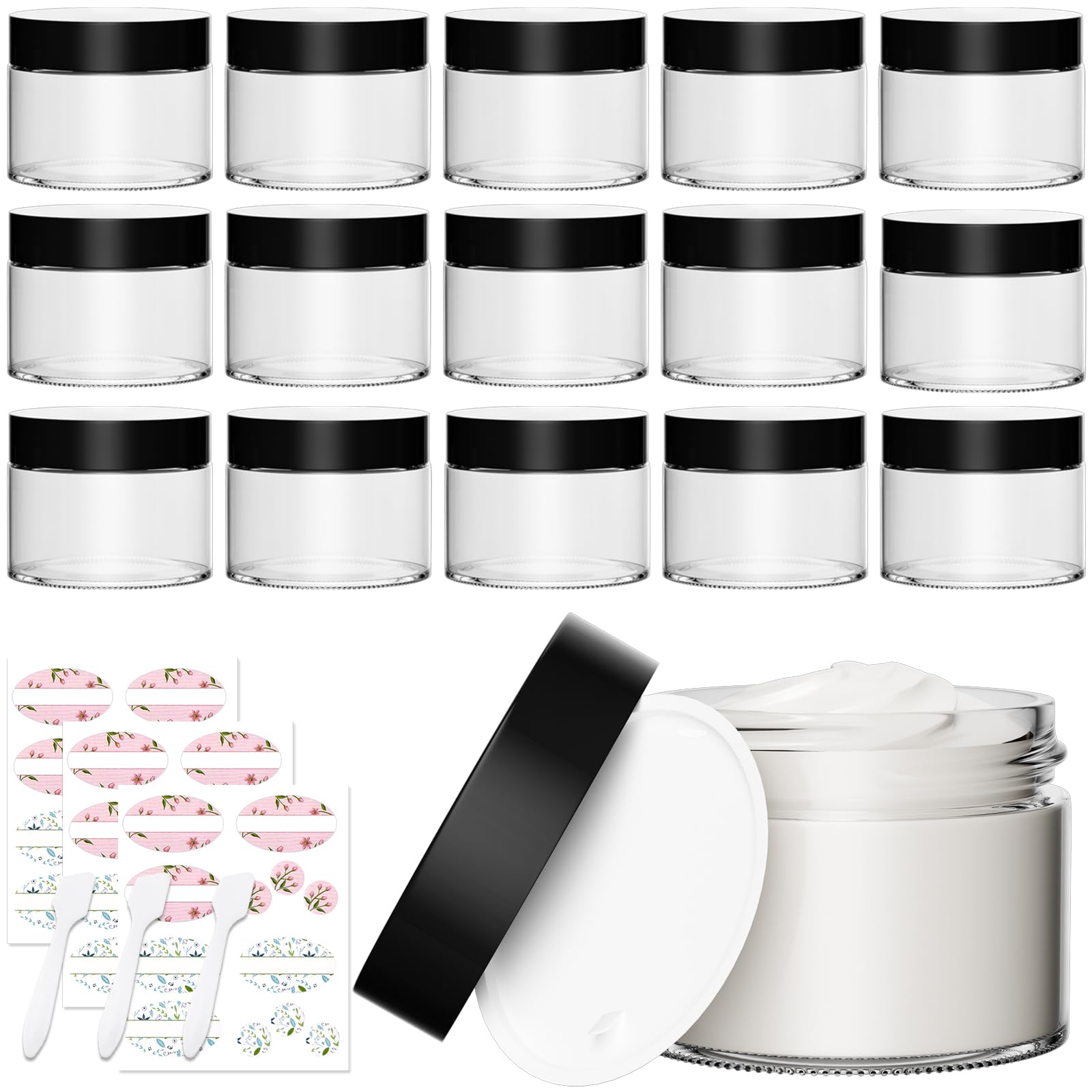 2 oz Empty Clear Glass Cosmetic Jars, 15 Pack With Black Lids and Inner Liners, Refillable Round Cream Containers for Lotions, Slime Making