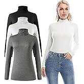 Femdouce Womens Turtleneck Long Sleeve Shirt Lightweight Slim Pullover Basic Undershirts Active Turtle Neck T-Shirts 2 Pack