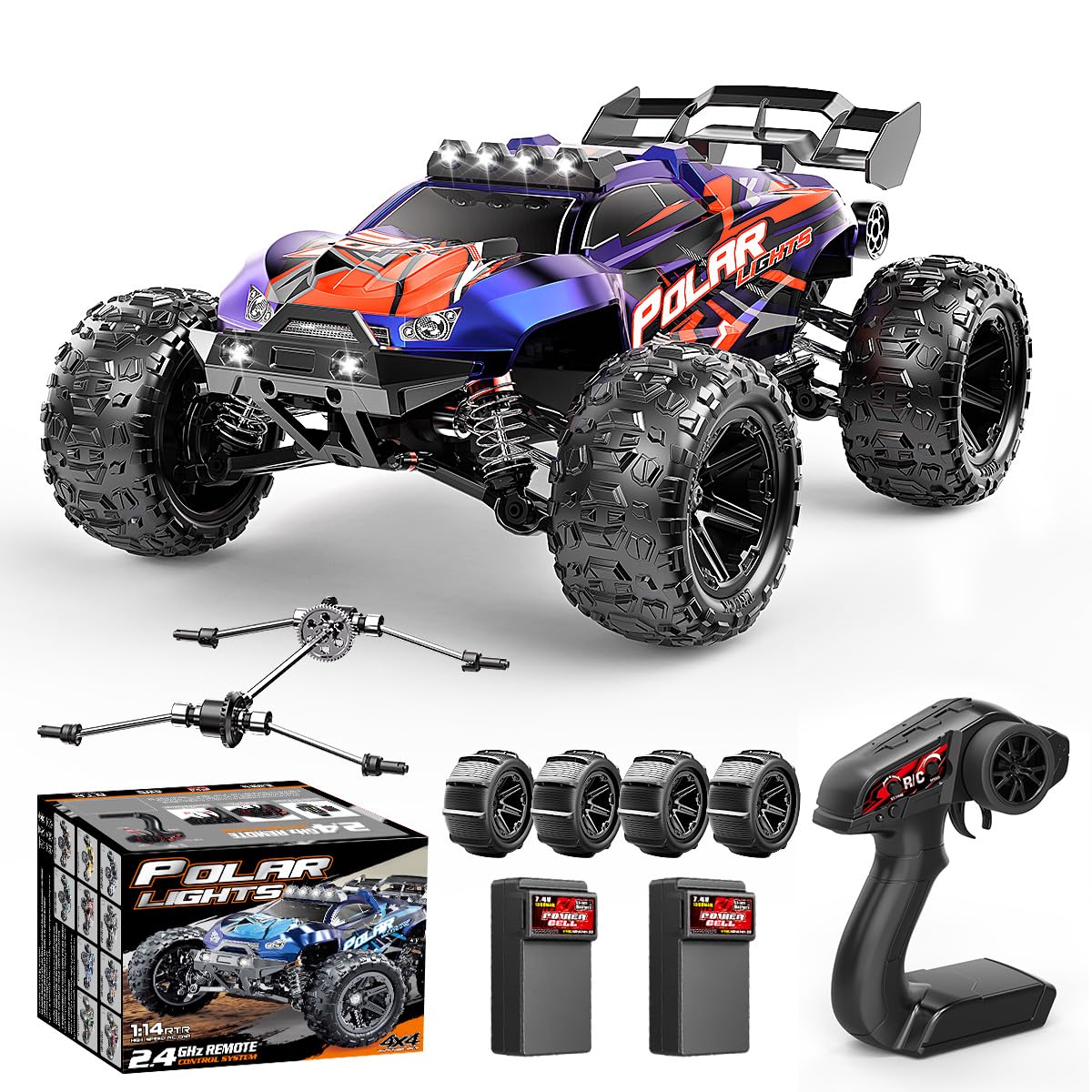 Cirmine RC Cars 1:14 All Terrain Off-Road RC Truck, 4WD Fast Remote Control Car 40 KM/H, 4X4 Waterproof RC Vehicle with 2 Rechargeable 1300 mAh Batteries and 2 Sets of Tires
