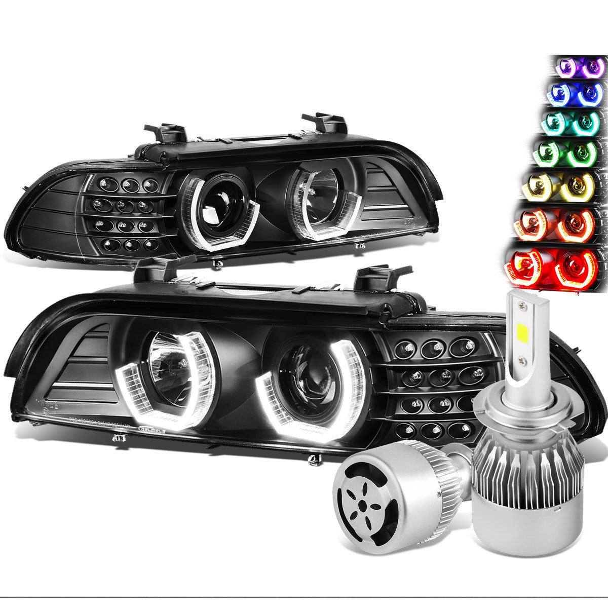 Replacement for BMW E39 5-Series 3D Halo RGB Color Change Projector Black Headlight LED Signal + H7 
