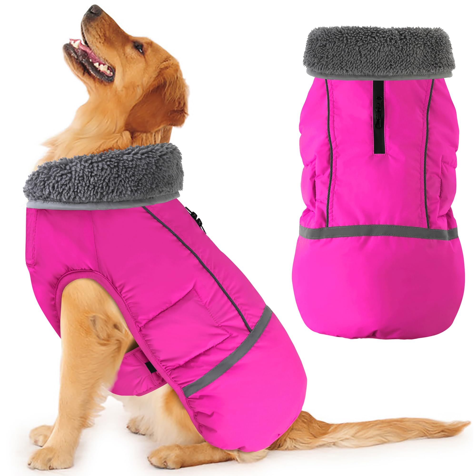 Dogcheer Warm Dog Coat, Christmas Dog Jacket Waterproof Puppy Winter Coat with Buckles, Reflective Adjustable Pet Snow Jacket Turtleneck Fleece Sweater for Small Medium Large Dogs - Pink, 3XL Image