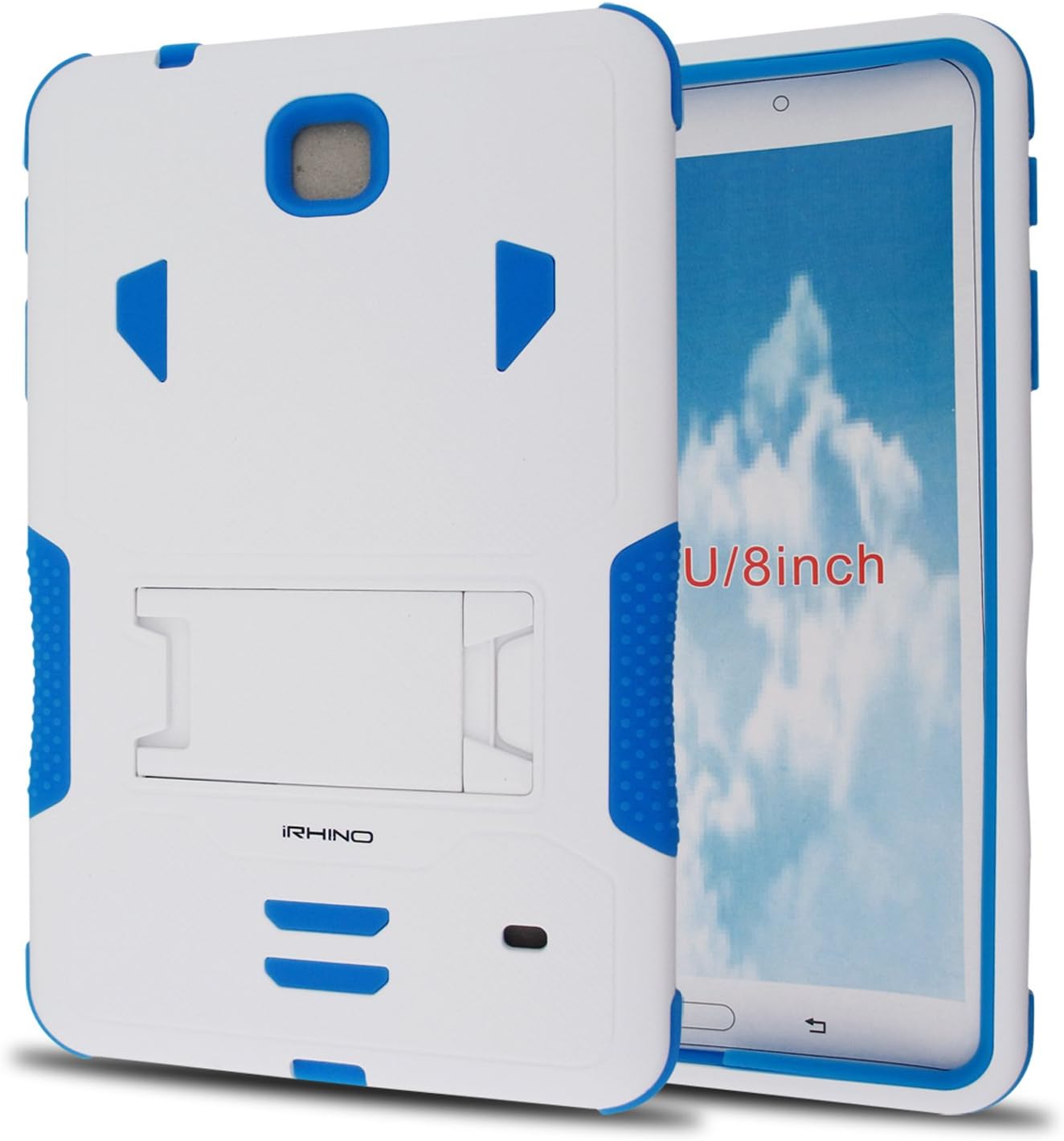 iRhino For Samsung Galaxy Tab 4 8.0" / 8-inch (SM-T330) (2014) Heavy Duty Armor Rugged Hybrid Kickstand Protective Cover Case (White on Blue)