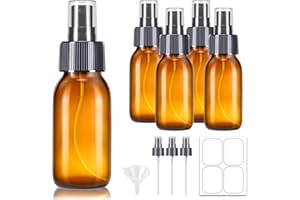 Tecohouse 5 Pack, 2 oz Glass Spray Bottles with 3 Extra Mist Sprayer & 1 Funnel & 8 Labels - Amber Small Spray Bottle Empty Atomizer Bottle for Essential Oils, Cleaning, Plants, Travel