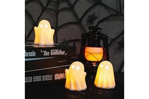 NEROSUN 3 Pack Cute Ghost Light Up Halloween Decor, LED White Ceramic Spooky Flameless Lanterns Decorative Light Fall Halloween Party Decoration for Home Bedroom Room Table Shelf