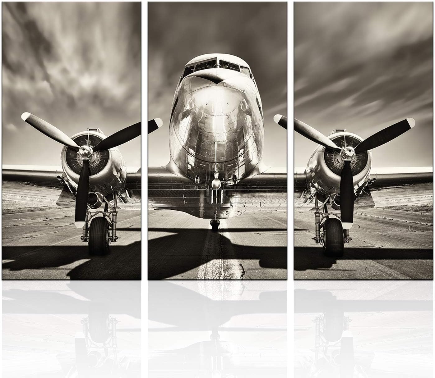 KLVOS 3 Piece Airplane Wall Art Vintage Black and white Propeller Aircraft Picture for Boy Room Home Office Modern Home Decor Stretched and Framed Ready to Hang - 16