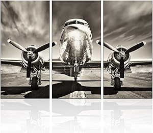 KLVOS 3 Piece Airplane Wall Art Vintage Black and white Propeller Aircraft Picture for Boy Room Home Office Modern Home Decor Stretched and Framed Ready to Hang - 16