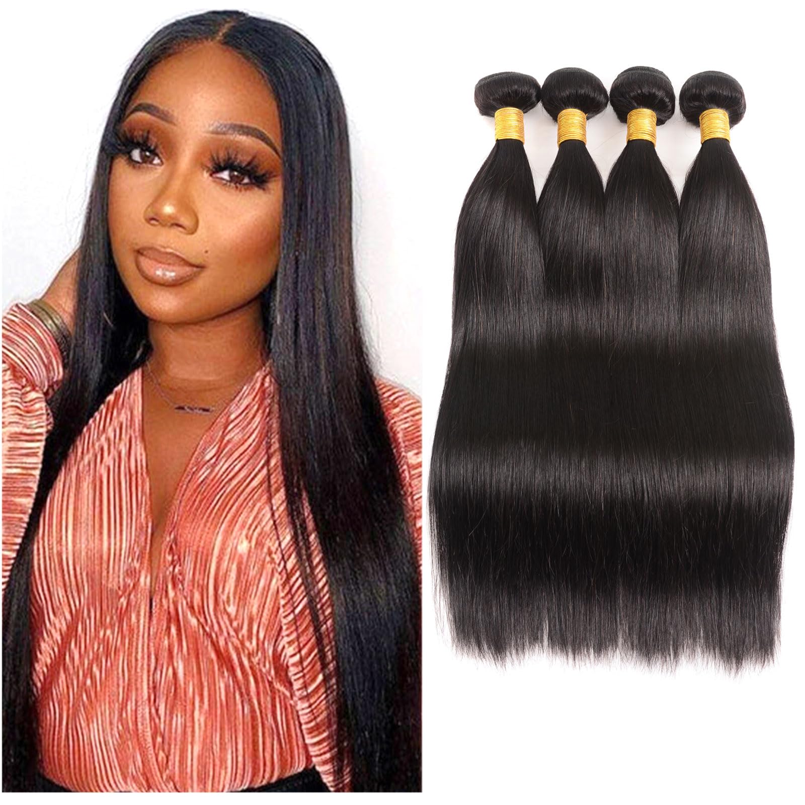 Huarisi 4 Bundles Straight Bundles Weaves Human Hair 22 24 26 28 Inch Long Brazilian Virgin Hair 10A Grade 100% Unprocessed Remy Hair Extensions Sew in Weaving for Black Women — image 1