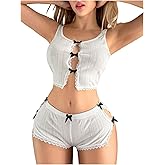 SHENHE Women's Sexy Y2k Pajamas 2 Piece Lace Bow Cut Out Crop Tank Top and Shorts Lounge Set