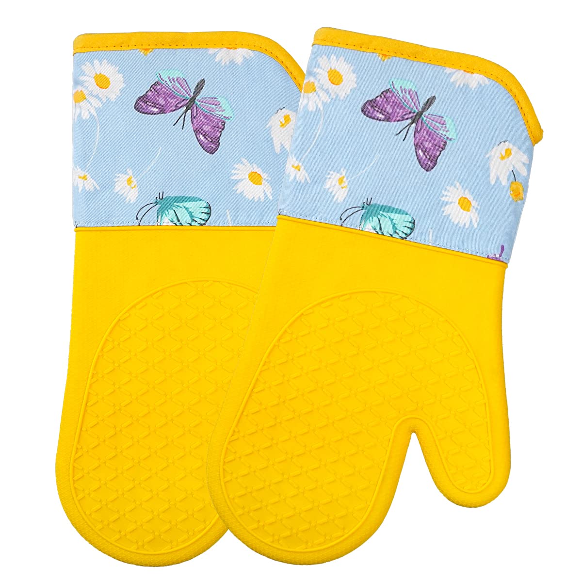 SiXsigma Sports Oven Gloves Heat Resistant Silicone Shell Waterproof - Quick Dry Oven Mitts for BBQ, Cooking, Baking And Grilling Set of 2 (Butterfly Daisy, 33X17 CM)