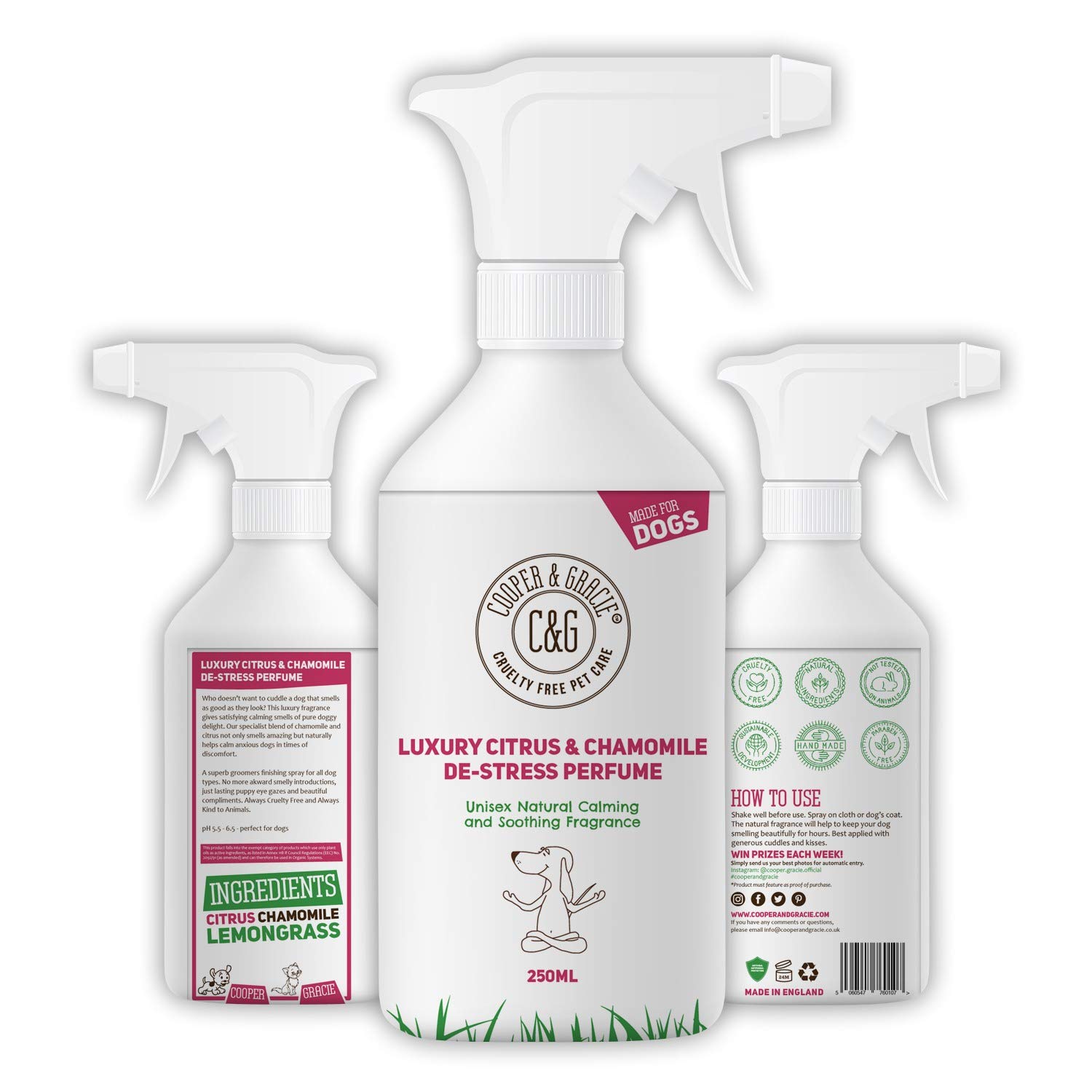 C&G Pets | De stress Perfume Dog Spray 250ml | Dog Perfume | Dog Cologne For Calming Nervous and Anxious Puppy | Citrus Chamomile Essential Oils