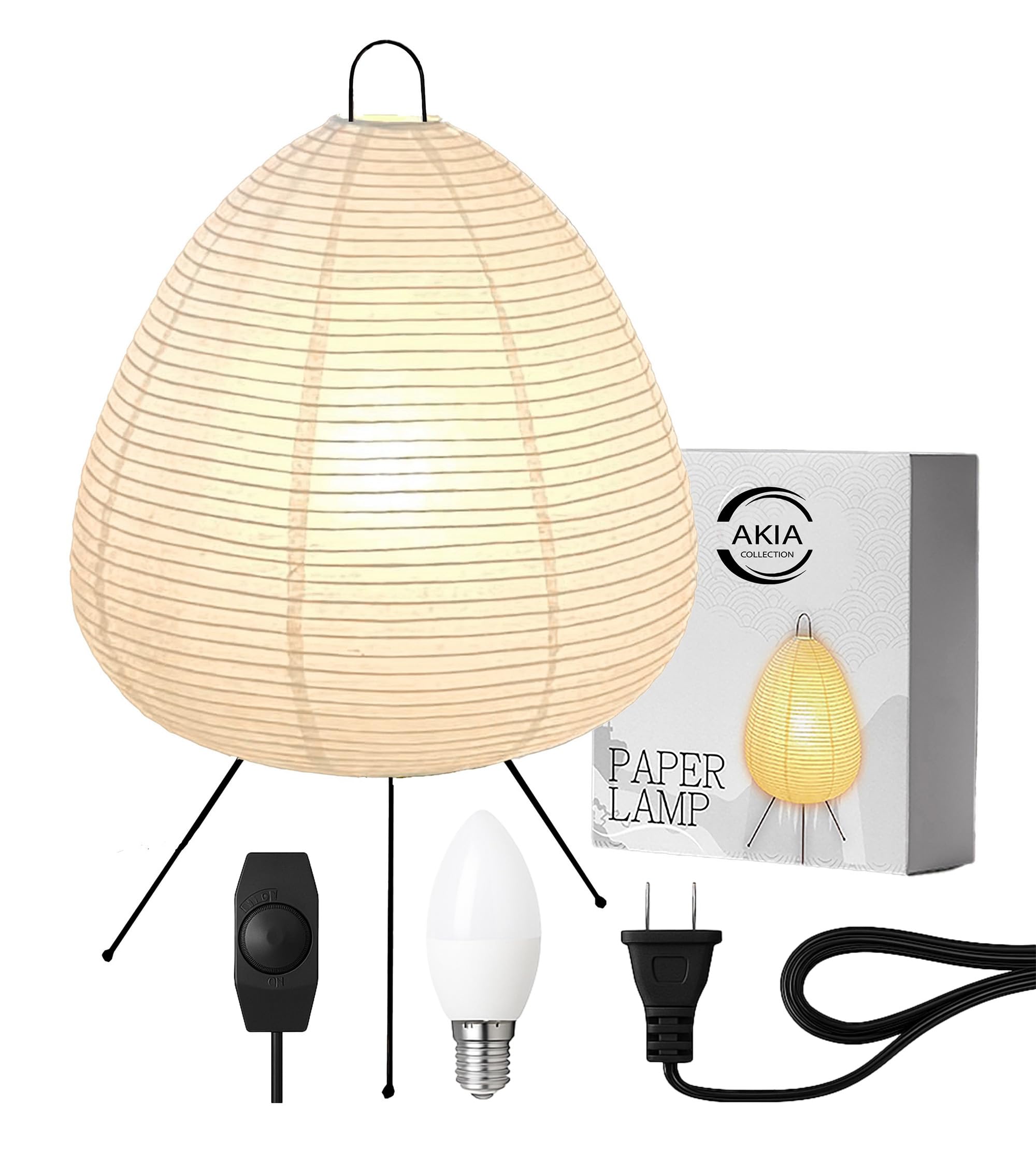 Photo 1 of Akia Collection Noguchi Akari Rice Paper Lantern Lamp - Dimmable Japanese Table Lamp with Washi Paper Shade, Bulb Included - Japandi Bedside, Desk Light