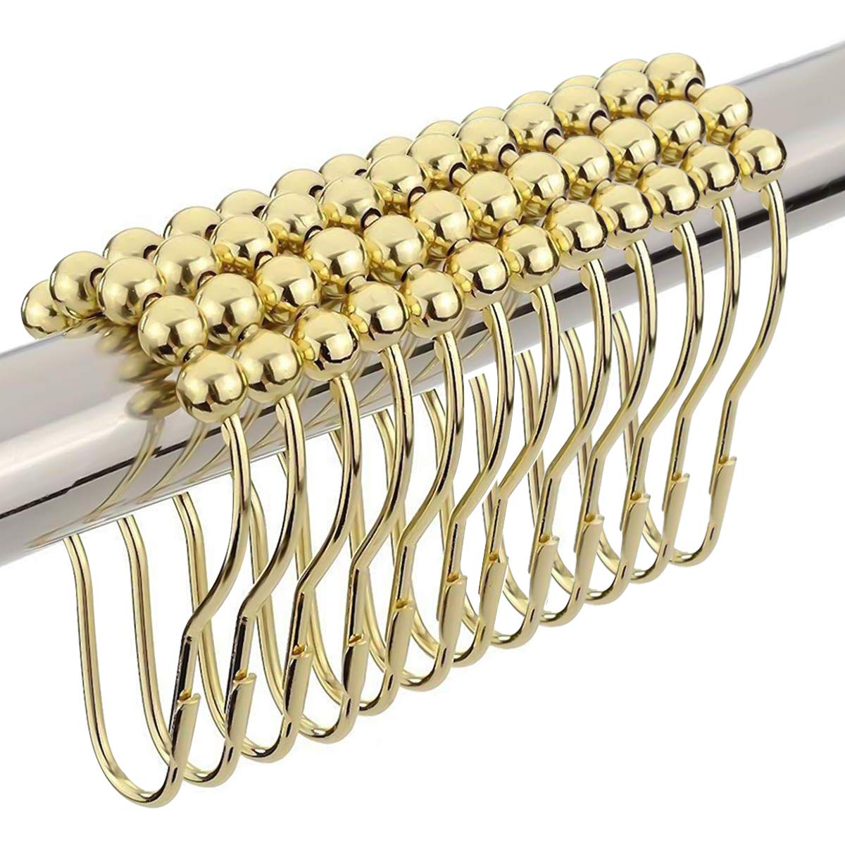 NATUCE 12Pcs Shower Curtain Rings Hooks, Stainless Steel Roller Shower Hooks for Bathroom Shower Rods Curtains – Gold
