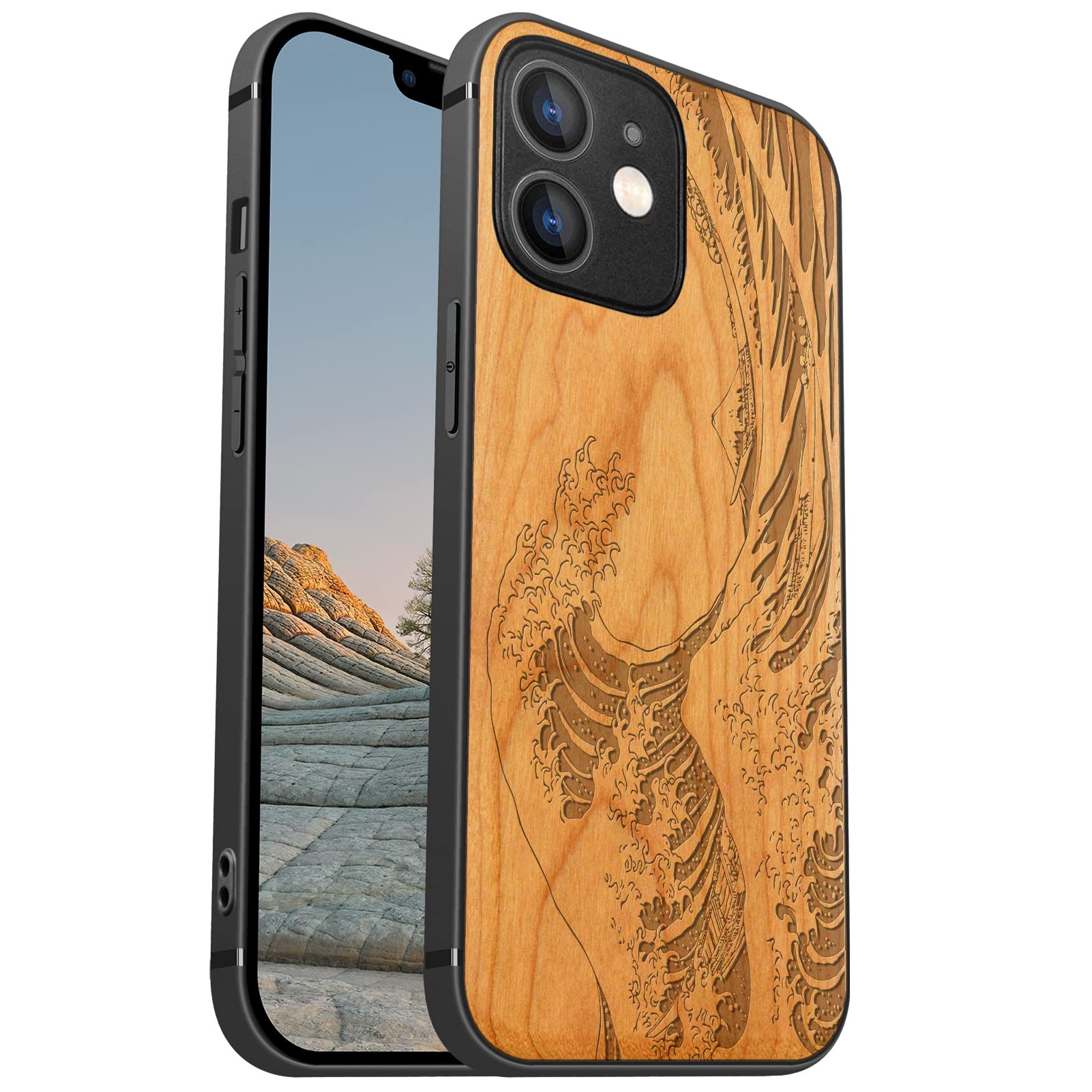 Carveit Magnetic Wood Case for iPhone 12 Mini Case [Hard Real Wood & Soft TPU] Shockproof Protective Cover Unique & Classy Wooden Case Compatible with MagSafe (The Great Wave Off Kanagawa-Cherry)